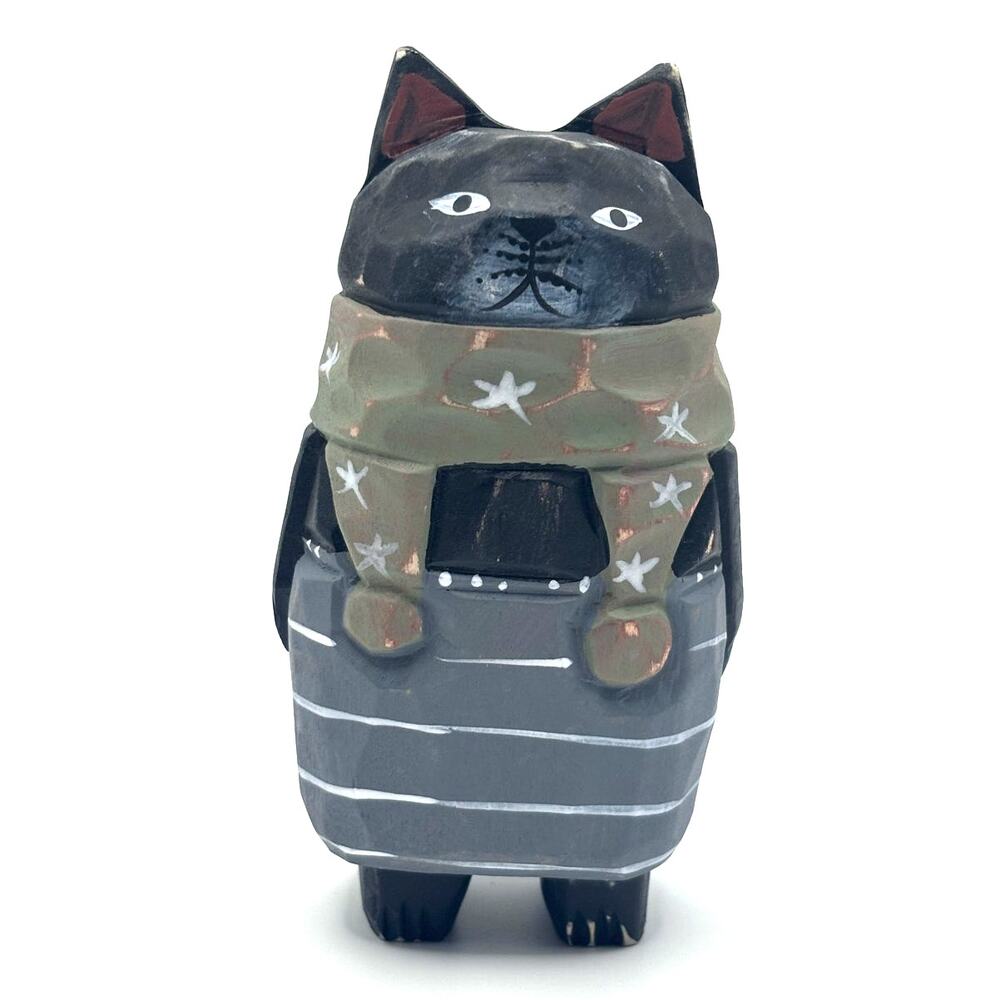 Hand Carved, Handmade, Wooden Black Cat Figurine w/Scarf & Pants, 4.5" Tall, New